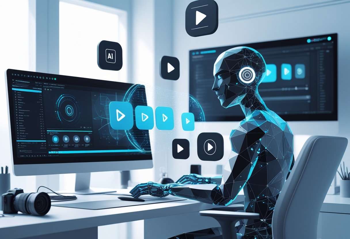 A faceless humanoid figure working at a modern desk with multiple computer screens showing AI graphics and video editing tools, surrounded by video creation icons in a clean, high-tech room.