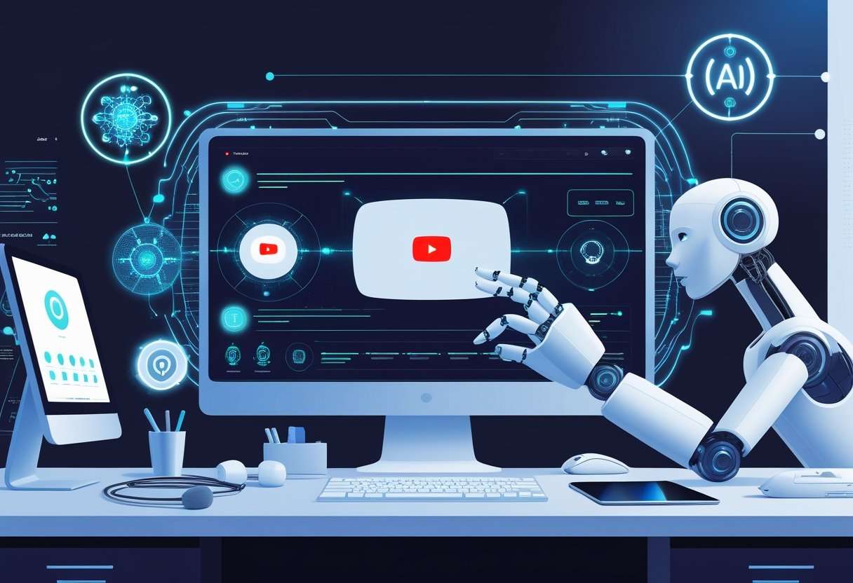 A modern workspace with a computer screen showing a faceless YouTube interface, surrounded by futuristic AI graphics and a robotic hand interacting with the screen.