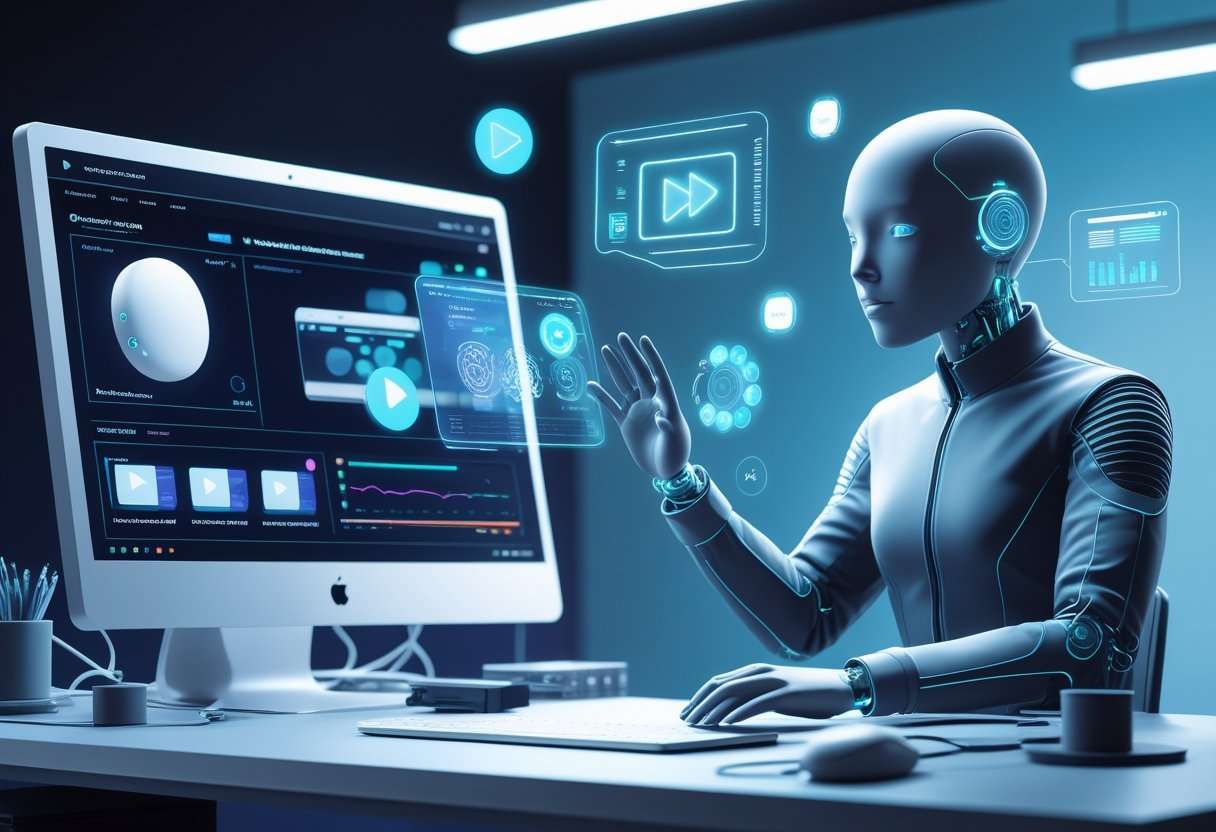 A faceless person using futuristic AI tools on a computer to create and grow a YouTube channel, surrounded by digital icons and holographic interfaces.