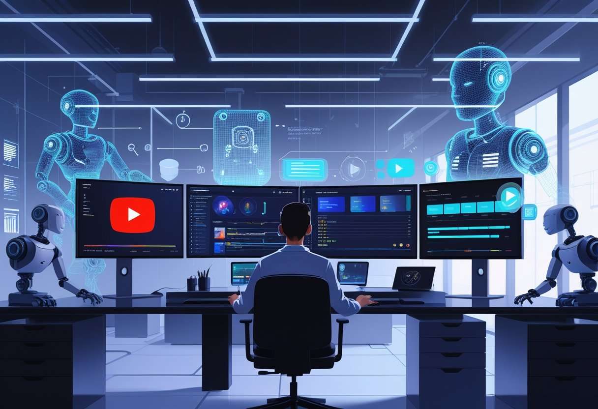 A person working at a modern desk with multiple computer screens showing AI tools and video editing interfaces, with only their hands visible, surrounded by futuristic technology elements.