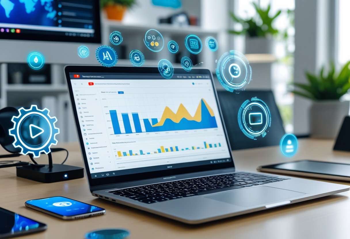 A modern workspace with a laptop showing YouTube analytics and floating digital icons representing AI automation tools.