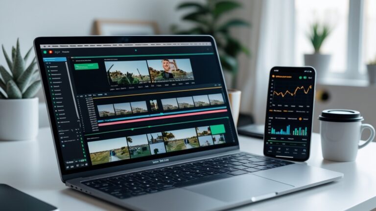 A home office desk with a laptop displaying video editing software and a smartphone showing earnings graphs, with no people visible.